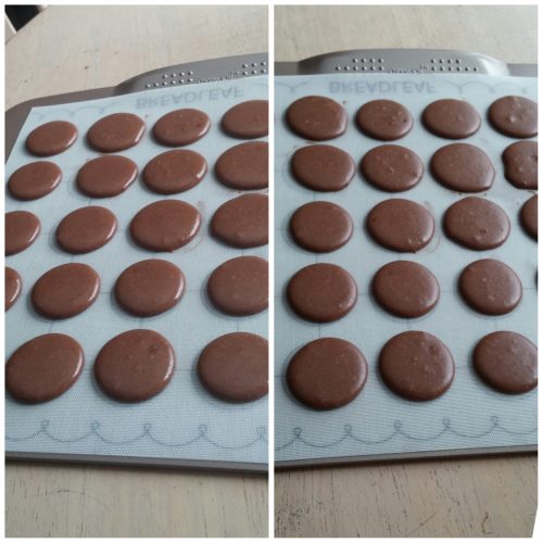 Freshly piped macaron shells look shiny (left) and have to be rested until a skin forms on the surface. When they look dry and dull (right) they are ready for baking. 剛唧好的麵糊(左)色澤光亮並必須放至表面結皮，麵糊變乾及色澤轉為暗啞後(右)便可放進焗爐。